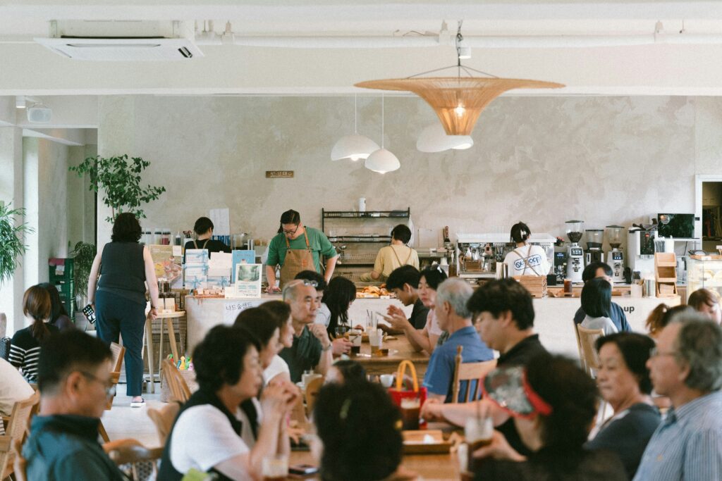 a busy cafe during the day time